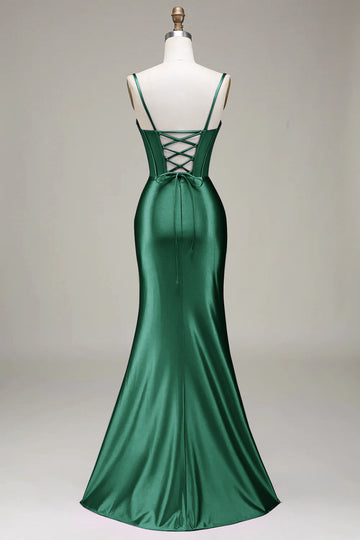Dark Green Mermaid Spaghetti Straps Corset Satin Prom Dress with Slit